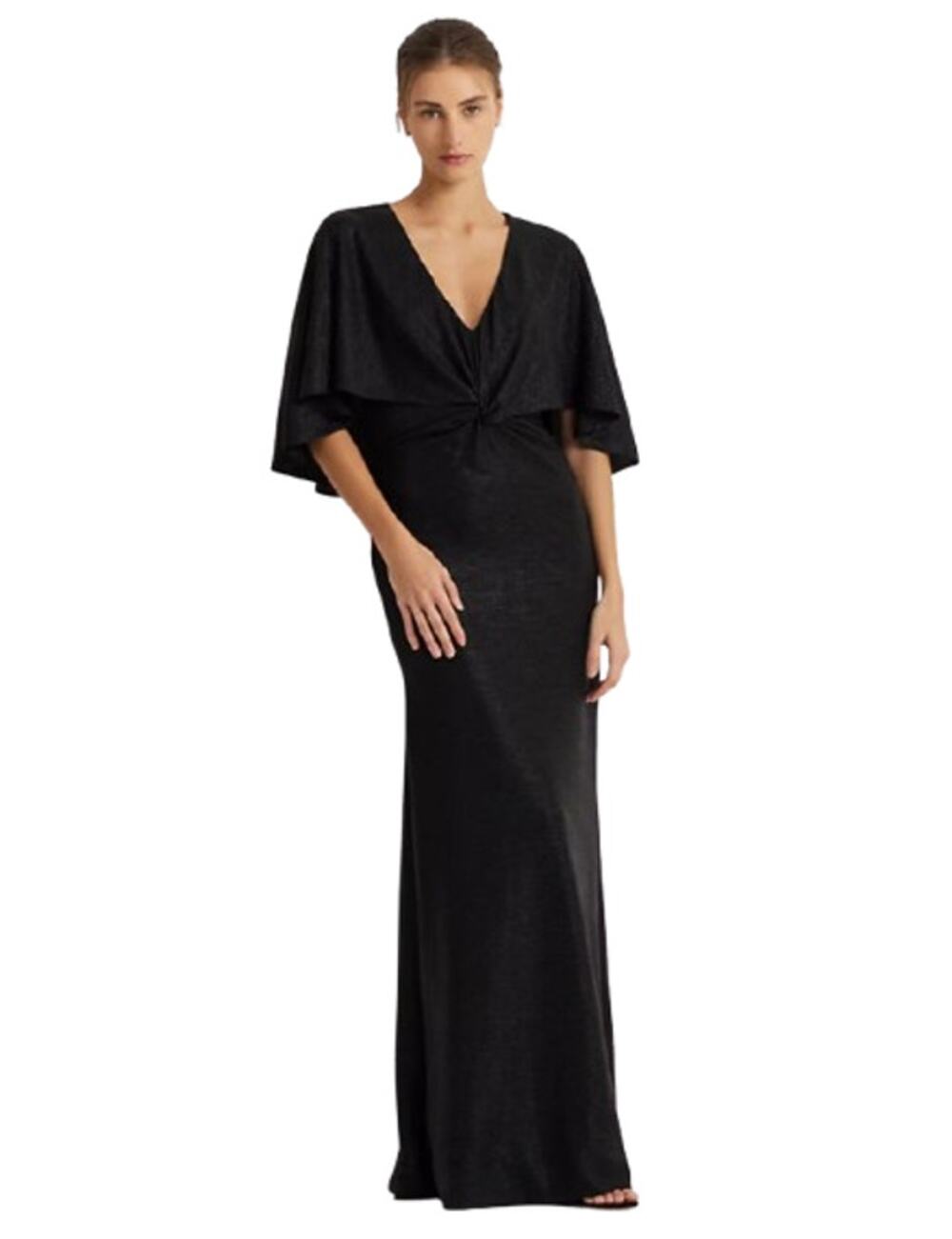 LAUREN RALPH LAUREN Twist-Front Cape Gown Size 6 Black Metallic Knit Dress NWT
